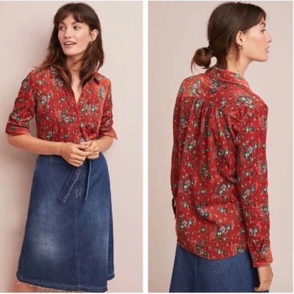 Anthropologie Building 13 Corduroy Floral Button-up Blouse Women 6 Orange Green - Picture 1 of 10